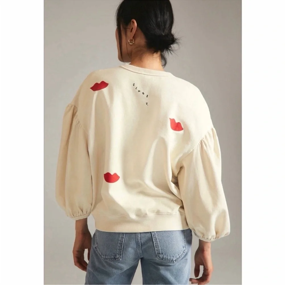 Clare V. Cream Drop Shoulder Lips Sweatshirt Size Small - Picture 2 of 7